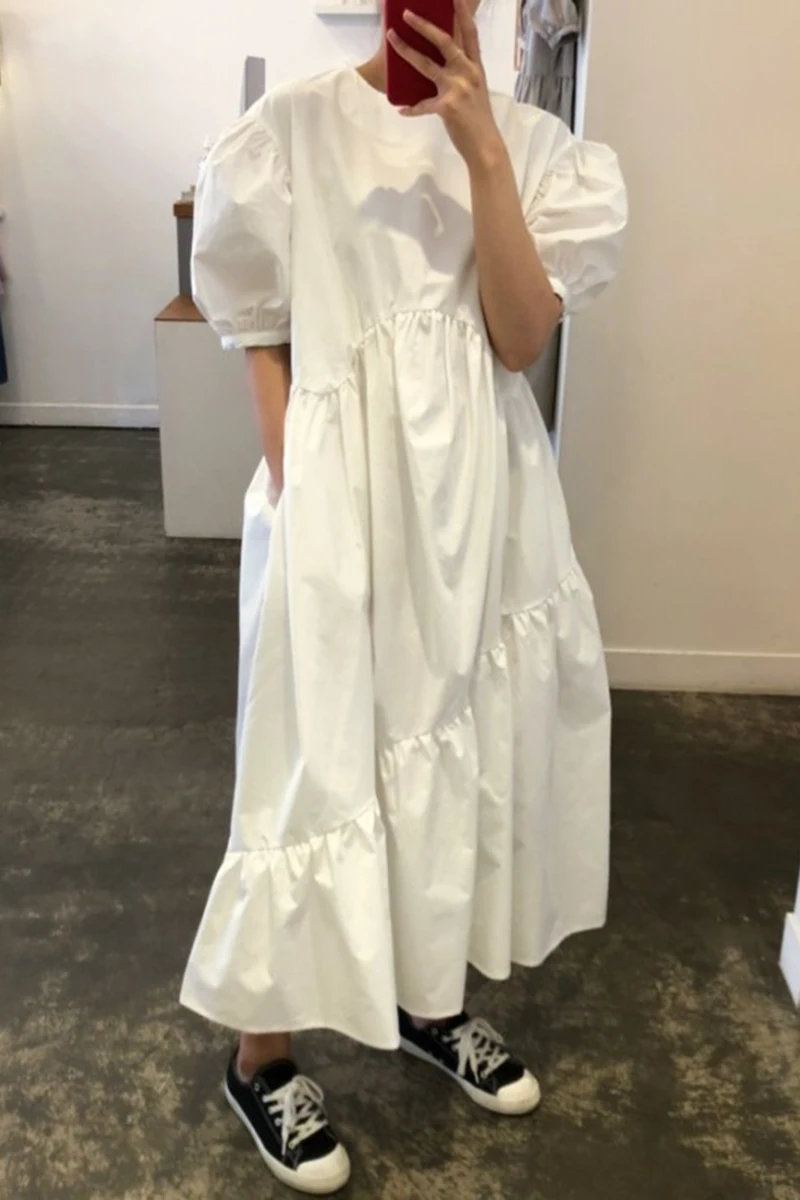 

YAMDI summer short puff sleeve party korean midi dress women dresses elegant woman a-line vintage 2020 new solid irrengular robe