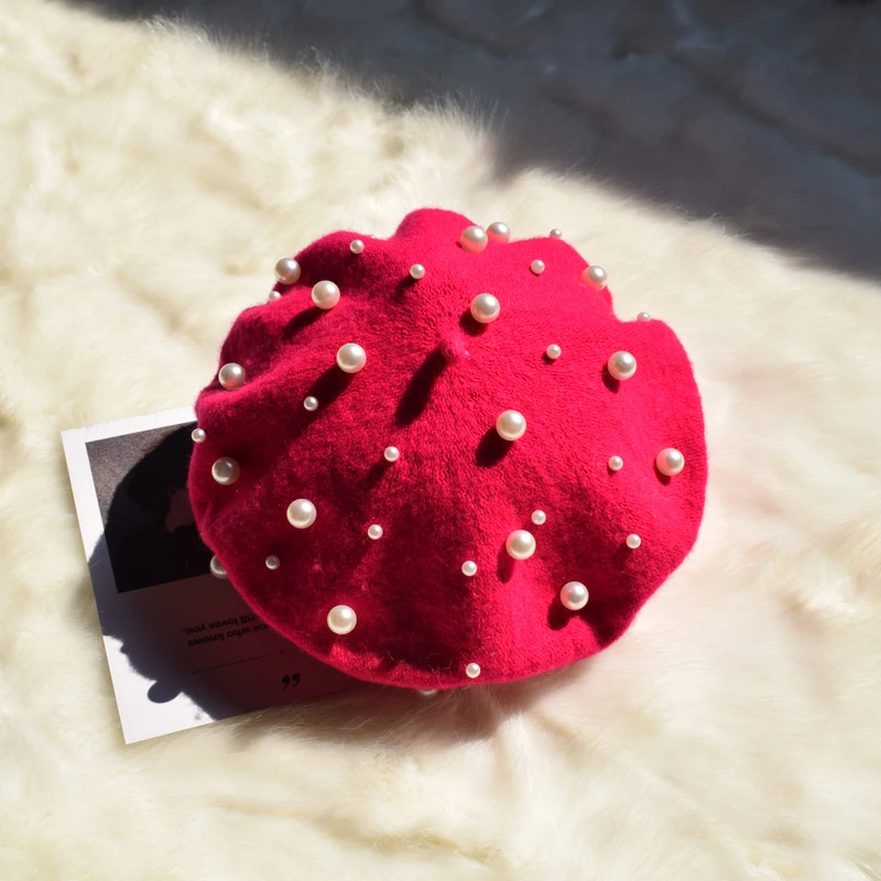 rose red Женские осенне-зимние Роскошные береты с жемчугом, кашемировый берет с заклепками, женские теплые модные французские шапки для девочек, вязаный красный берет с бисером, femme - Цвет: rose red