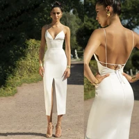 uzn high waist short ivory satin wedding dresses spaghetti straps backless vestidos de novia 2021 v neck sheath wedding gowns