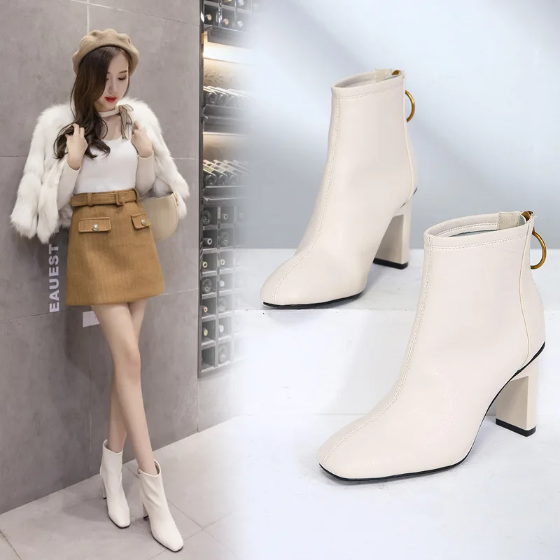 Белые кожаные зимние ботинки женские дизайнерские ботильоны на высоком каблуке