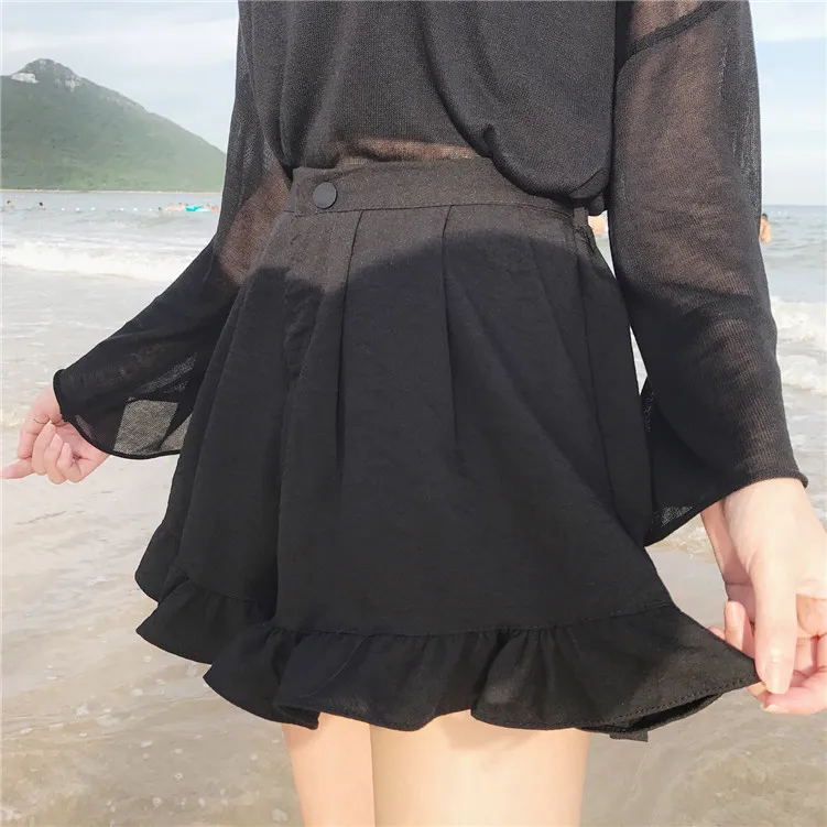 Расклешенные с широкими штанинами шифоновое короткое рюшами и высокой талией