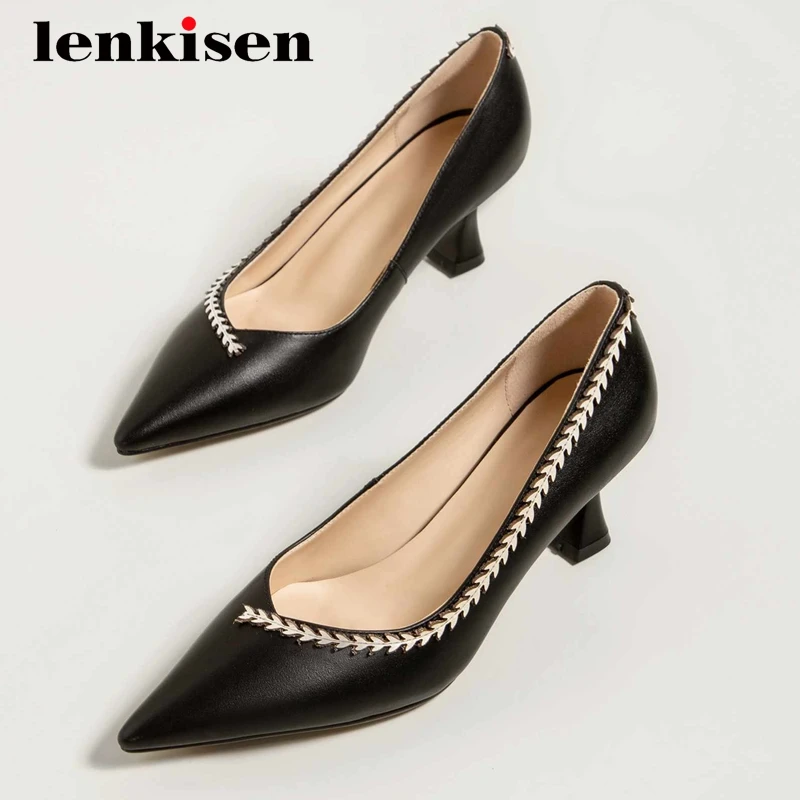 

Lenkisen high street fashion natural leather mixed colors pointed toe high strange heel slip on shallow gorgeous women pumps L15