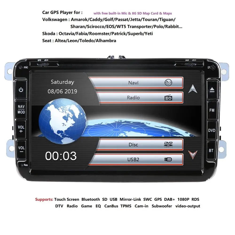 Склад в Европе! Автомобильный DVD плеер 2 DIN для VW Passat POLO GOLF Tiguan CC Skoda Fabia Rapid Yet Seat Leon +