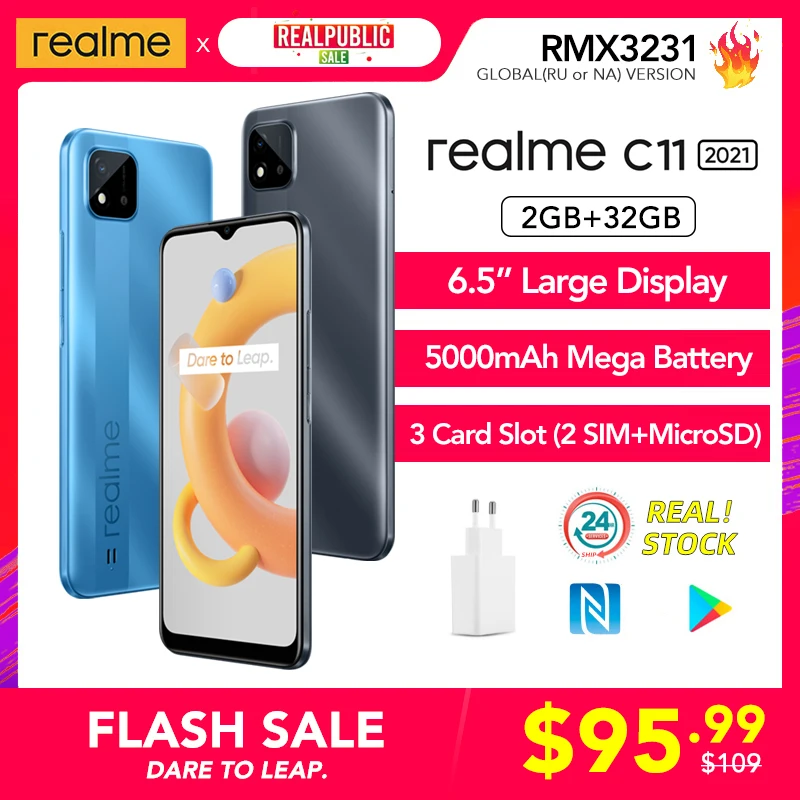 

Смартфон realme C11 2021 2 ГБ + 32 ГБ [Ёмкий аккумулятор 5000мАч, Большой экран 6,5", AI-камера 8Мп]