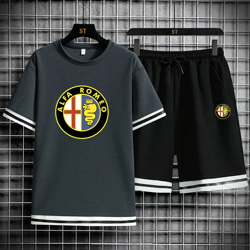 

2021 Alfa Romeo car LOGO men's short-sleeved hot sale printed T-shirt sports and leisure suit short-sleeve summer 2-piece set