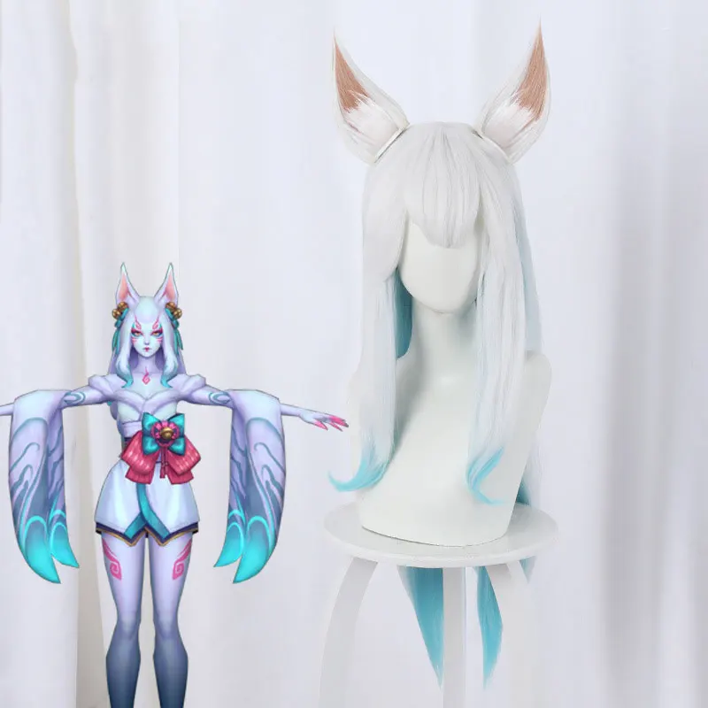 

Wig+Ear Game LoL Ahri Cosplay Wig Spirit Blossom Cosplay Blue Mixed White Long Straight Wig Heat Resistant Synthetic Hair
