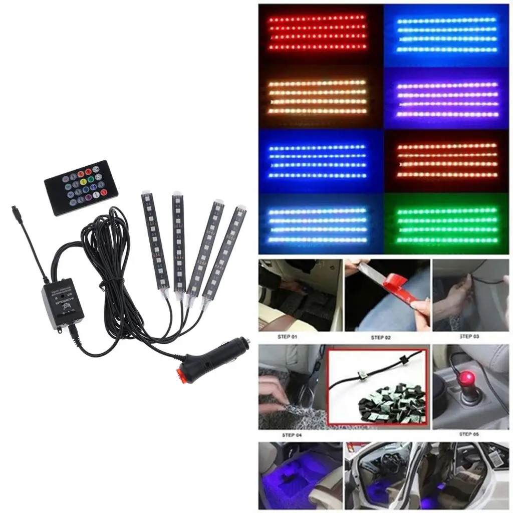 

4x9 светодиодов для салона автомобиля RGB неоновая полоса светильник т дистанционного управления + зарядное устройство
