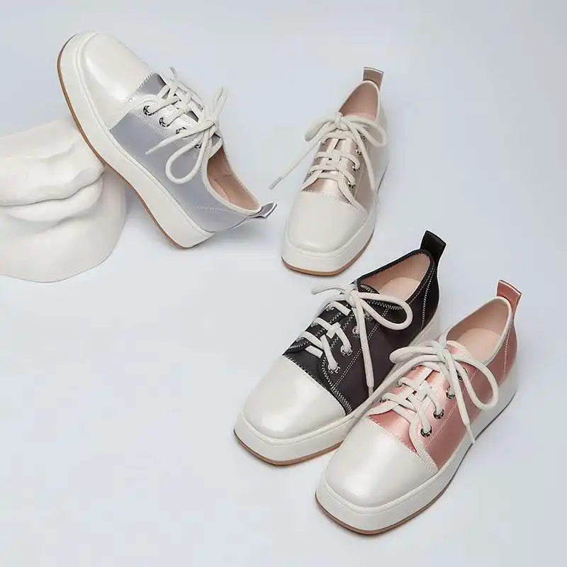 

Krazing pot patent leather square toe flat platform patchwork beauty lady daily wear leisure classic women vulcanized shoes L65