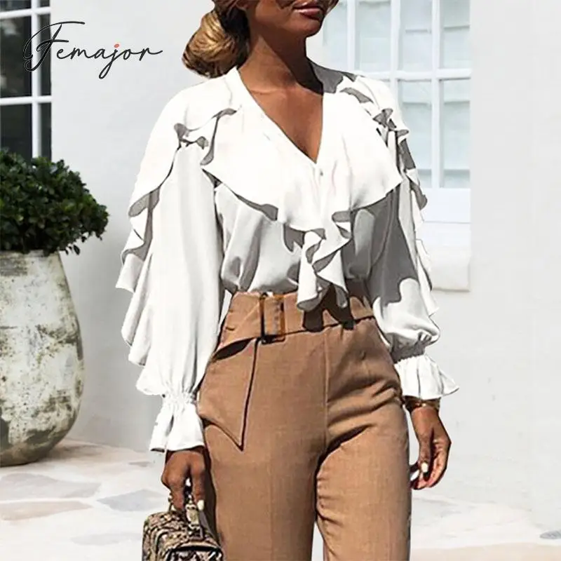 Женская модная белая блузка с рюшами 2019 осенне зимний Повседневный рукавом