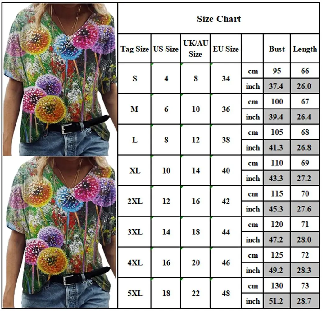 

Cofekate Women Tops 2021 Summer V-Neck Short Sleeve T-Shirt Tops Colorful Dandelion Floral Baggy Woman Tshirts