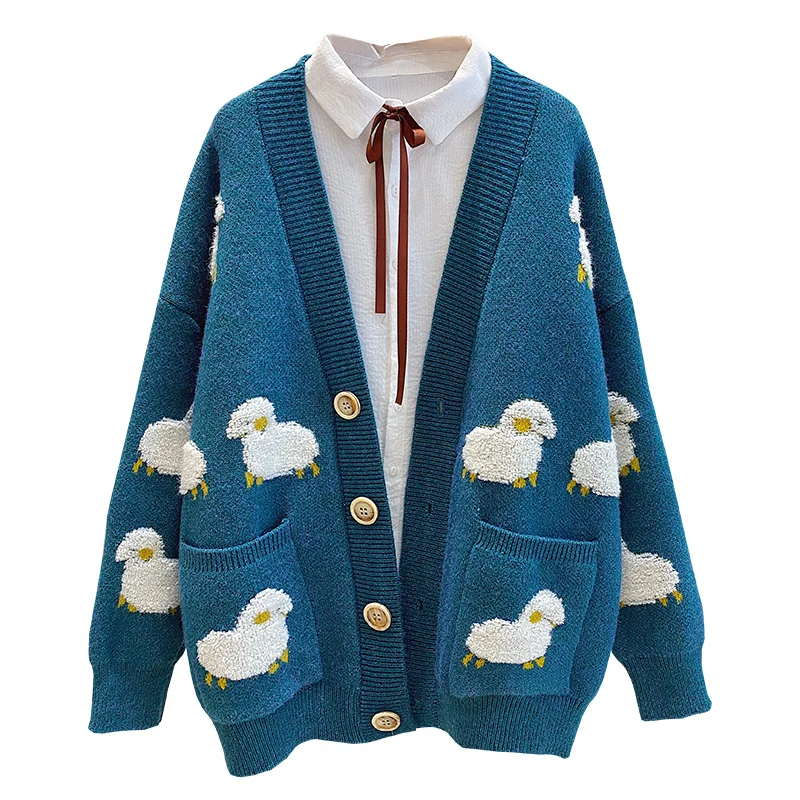 

SHZQ Women Winter Knit Sweater Coat V Neck Sheep Cardigans Christmas Sweaters Warm Knitwear Sueter Mujer Long Jacket