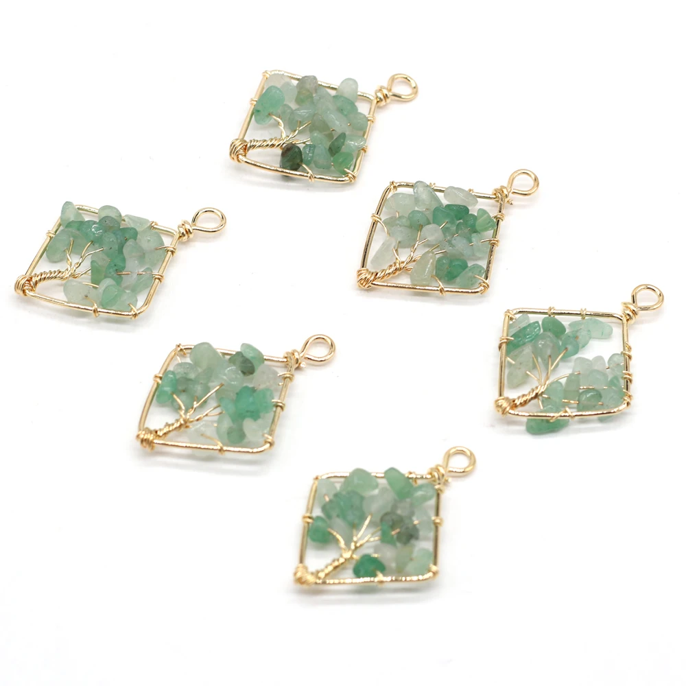 

Wholesale10PCS Natural Stone Green Aventurine Winding gold wire rhombus Pendant Making RhombusDIY Necklace Earring Charm Jewelry