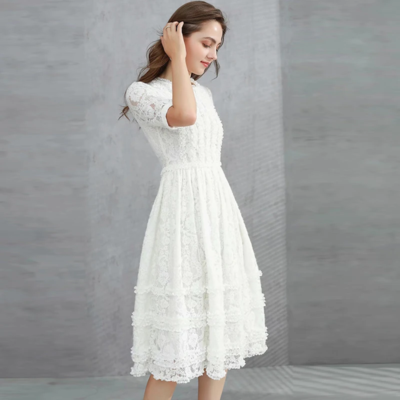 

Runway Fashion White 2021 Spring Summer Ruffles Flower Embroidery Elegant Office Ladies Long Party Dress