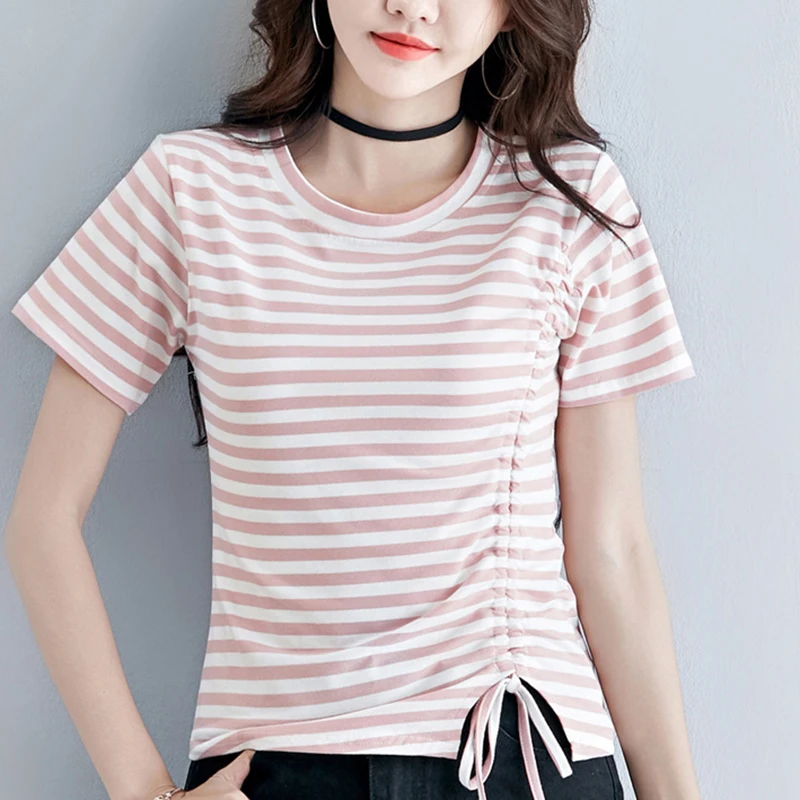 

Shintimes T Shirt Bow Drawstring Striped T-Shirt Short Sleeve Summer Tops Cotton Tshirt Women Camiseta Mujer 2020 Vetement Femme