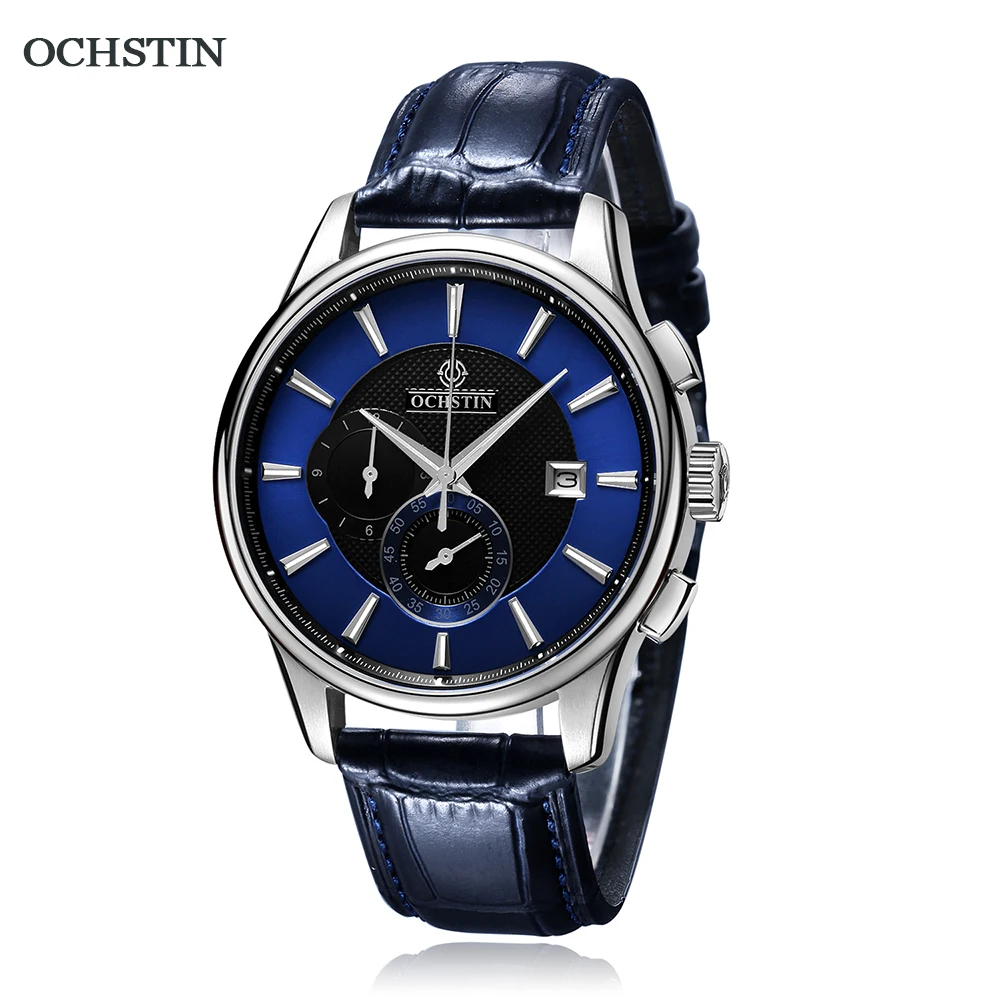 Top Brand OCHSTIN Mens Watches Quartz Watch Blue For Men Leather Strap Quartz Business Men Watch Gift Fashion Relogio Masculino