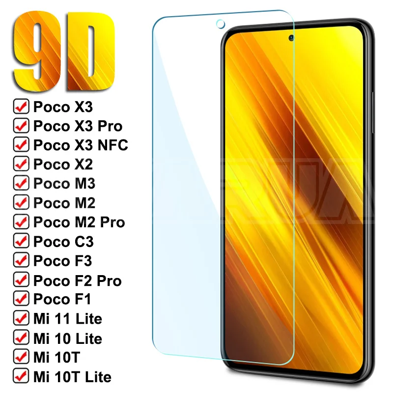 

9D Protective Glass For Xiaomi Poco X3 NFC X2 C3 F3 F1 M3 M2 F2 Pro Tempered Glass Xiaomi Mi 11 10 10T Lite 11X Pro 10i 11i Film