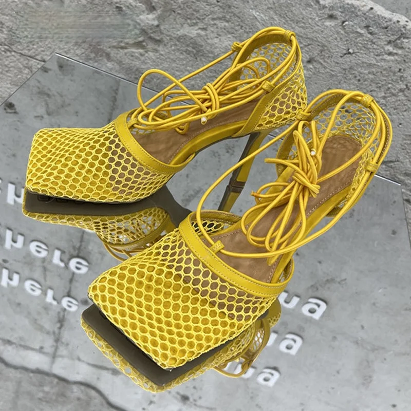 

2021 new sexy yellow mesh high heels women's square toe high heels lace-up lace-up stiletto pierced dress shoes fashion cozy