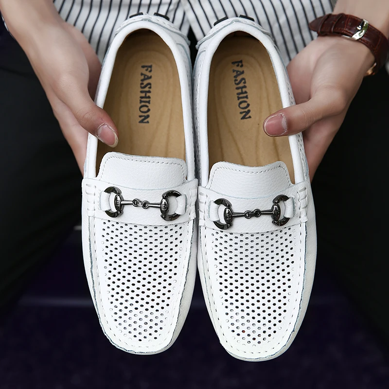 

New Mens Loafers Breathable Hollow Genuine Leather Men Casual Shoes Slip On Men's Shoes Man Flats Office Summer Male Dress Shoes