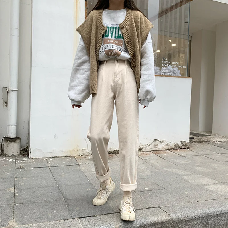

High Waist Straight Jeans For Women Slim Elastic Plus Size Stretch Jeans Beige Plus Size Streetwear Denim Blue Female Pant