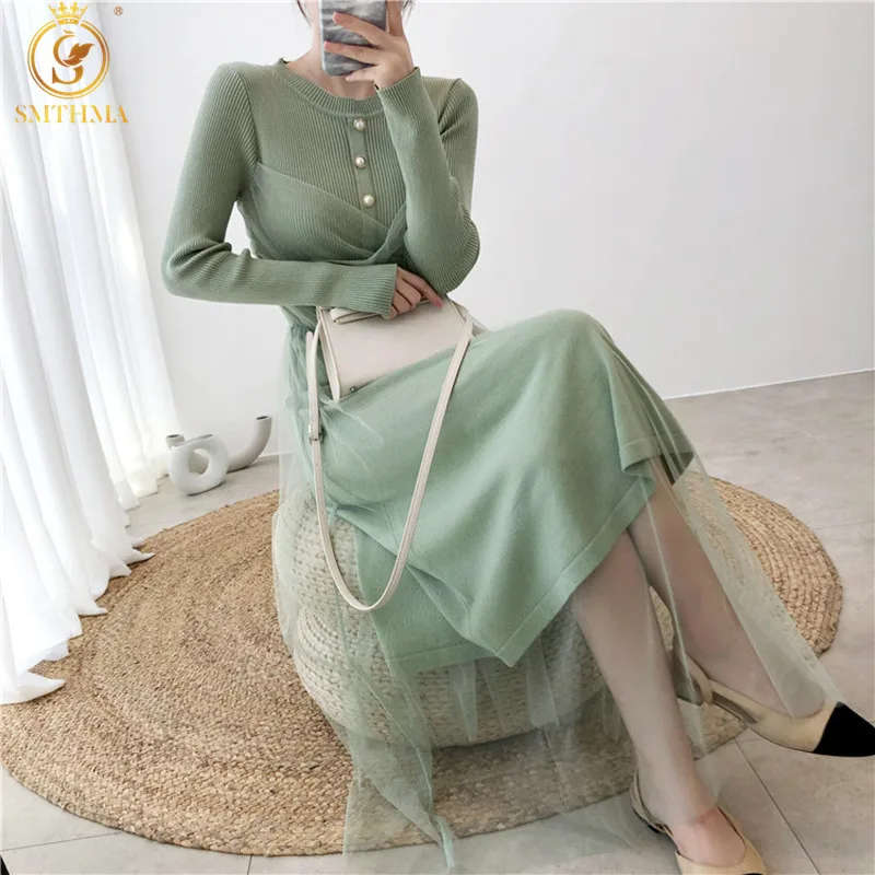 

SMTHMA 2021 New Autumn And Winter Women's Mid-Length Ladies Mesh Patchwork Knit Sweater Dresses Vestidos
