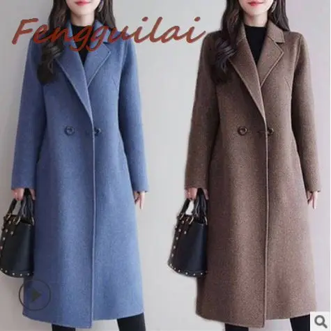Женское длинное приталенное пальто FENGGUILAI шерстяное синего красного и