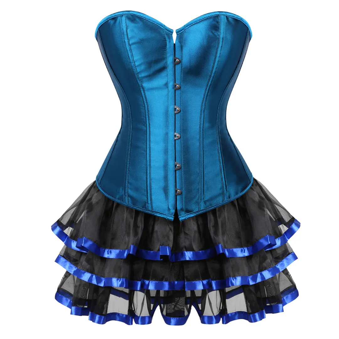 

Blue Corsets Dress Sexy Overbust Satin Corset Bustiers with Mini Tutu Skirts for Women Party Plus Size Burlesque Fashion Costume