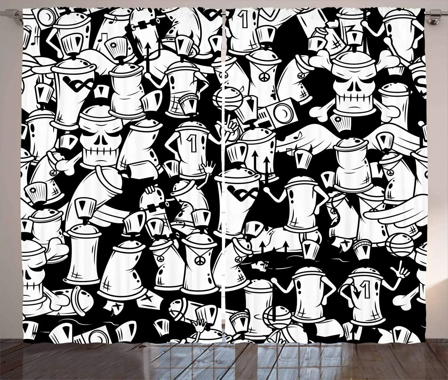 

Urban Graffiti Curtains Anthropomorphised Graffiti Spray Can Sport Characters and Skull Living Room Bedroom Window Drapes