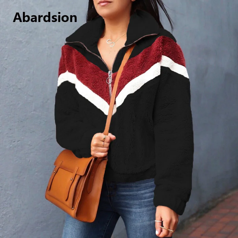 Abardsion/осень-зима, теплые меховые толстовки, верхняя одежда, Женский пуловер, Повседневный, пэчворк, на молнии, с длинными рукавами, плюшевая Толстовка