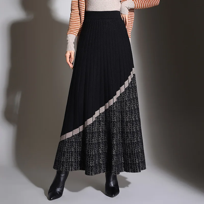 

Autumn Winter Women Vintage Elegant Plaid Splice Knitted Long Pleated Skirt Elastic High Waist Loose Big Swing Maxi Skirts 6011