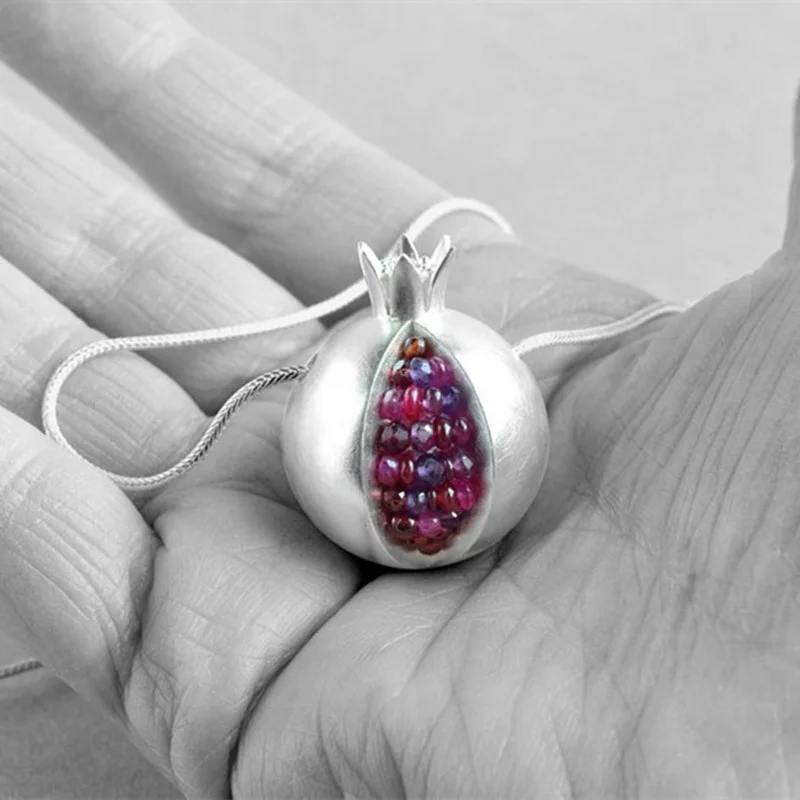 

Handmade "Pomegranate" Pendant Necklace of Alloy Material with Silver Chain Adjustable - Good Luck Necklace, Gift for Her