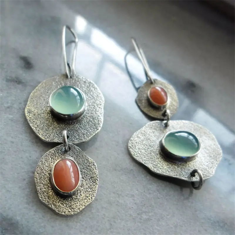 

New Trendy Vintage Pendientes Resin Stone Dangle Earrings For Women Boho Jewelry Antique Silver Color Brincos Asymmetric Earring