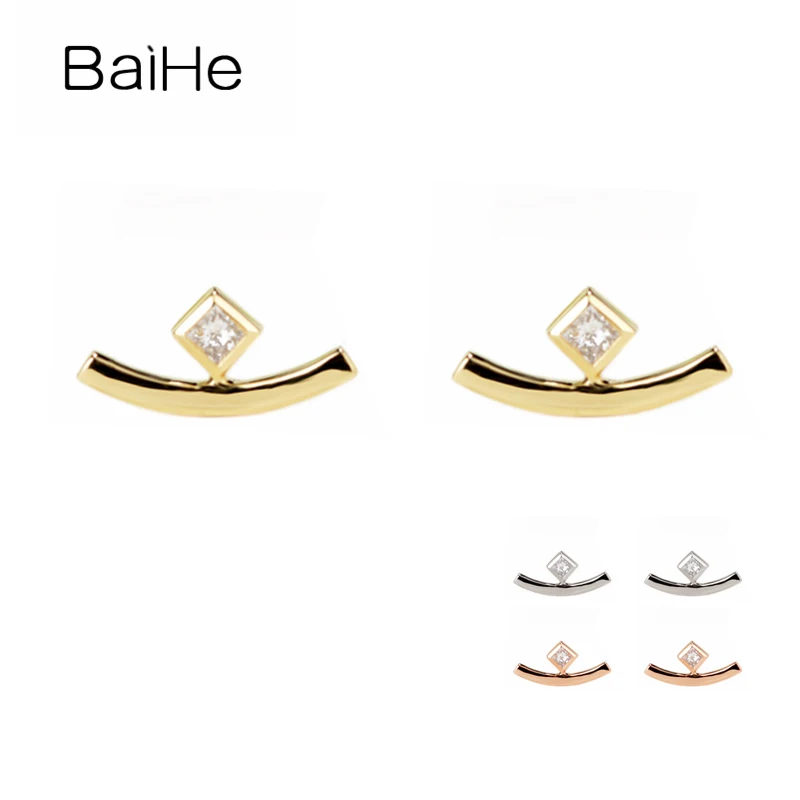 Серьги-гвоздики BAIHE из натурального золота с бриллиантами, ювелирные украшения из 14 К желтого/розового/белого золота H/SI, модные свадебные украшения из драгоценных камней