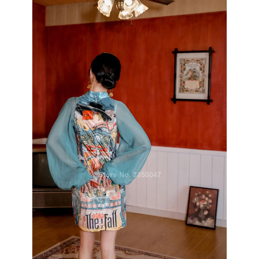 Женское китайское платье Chenogsam с принтом вечернее рукавами-фонариками