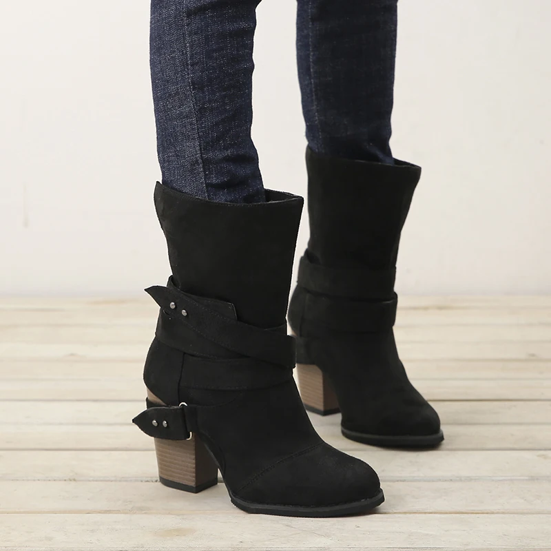 

Autumn Winter Women Boots Fashion Casual Ladies Shoes Martin Boots Suede Leather Buckle Boots High Heeled Buckle Snow Boots
