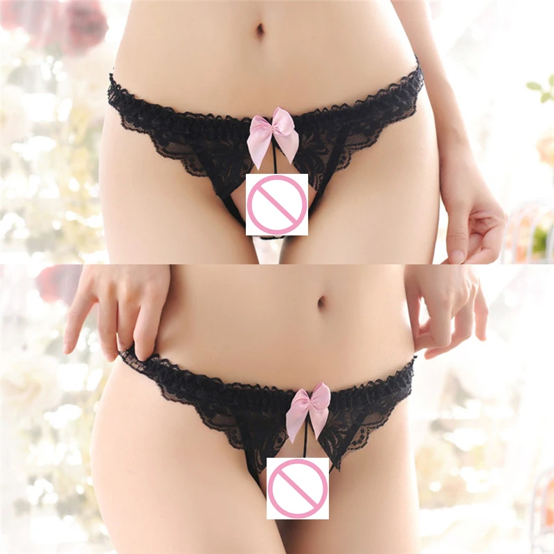 

Crotchless Faux Pearl Lace Bowknot Women Thongs Briefs Panties G-String
