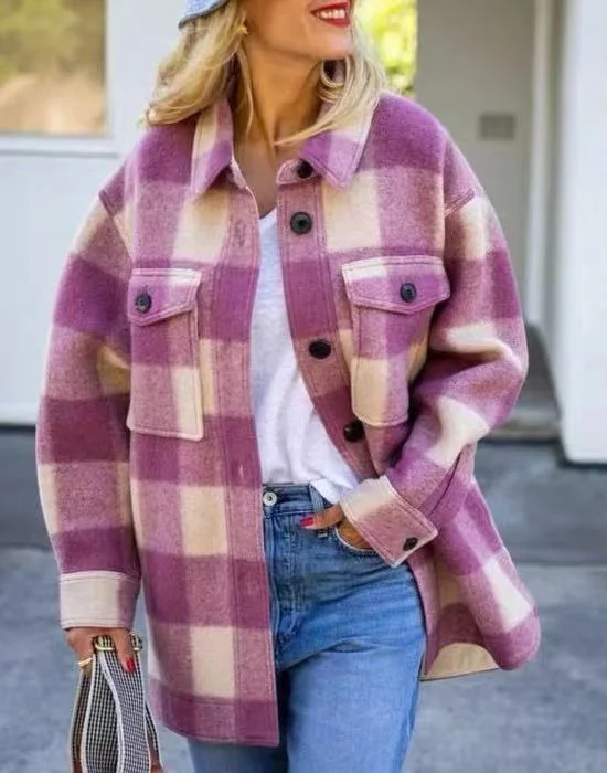 

Autumn and Winter New Products Lapel Loose Wool Plaid Coat Women Ustyle0400