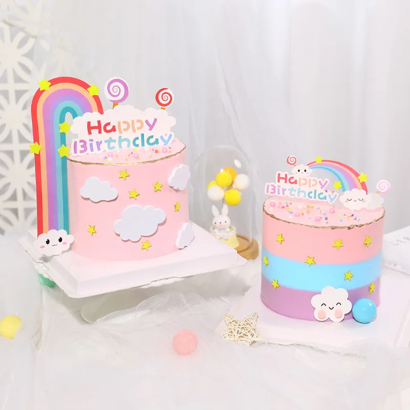 

Happy Birthday Cake Topper Cute Smile Clouds Big Rainbow Baby Shower Cake Toppers Kid Baking Party Favors