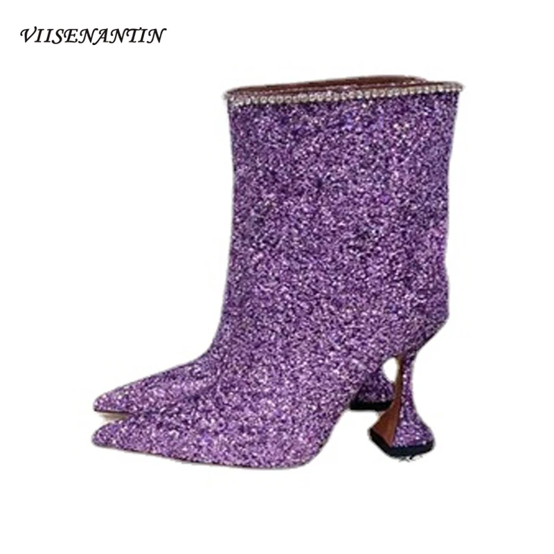 

Blingbling Sequined Crystal Pointed Toe Sexy Mature High Heel Short Boots 2021 Top Quality Autumn Banquet Fashion Martin Boots