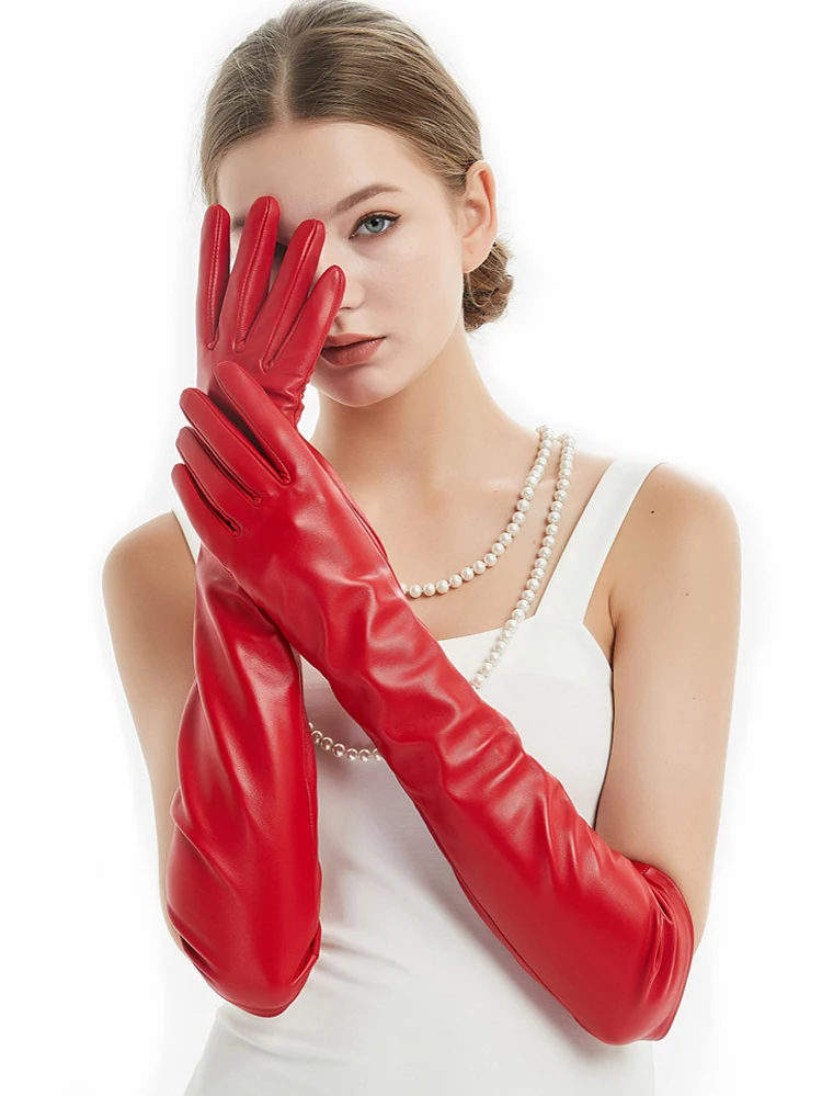 

50cm(19.7") long plain cool real sheep leather evening long gloves red