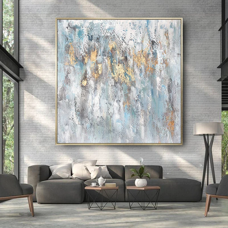 

Современный современный Декор золотые листья Серый Синий Текстурированная масляная живопись абстрактный холст настенное искусство