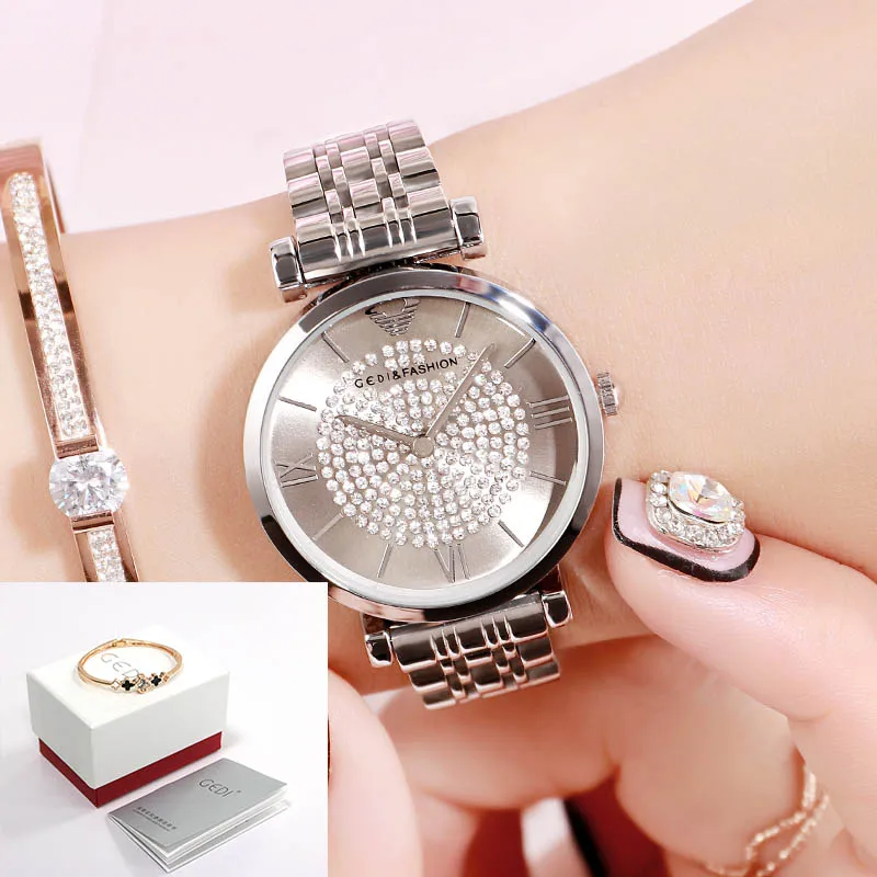 Silver gray box ЖЕНСКИЕ НАРЯДНЫЕ часы GEDI, роскошные часы с кристаллами, кварцевые часы для девушек, роскошные женские наручные часы из нержавеющей стали, часы reloj mujer - Цвет: Silver gray box