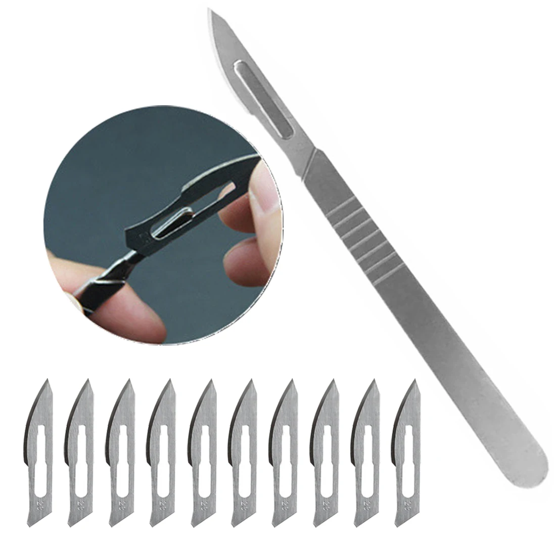 

10 pieces of stainless steel scalpel blade + 1 piece of handle scalpel DIY cutting tool PCB repair animal scalpel Non-slip metal