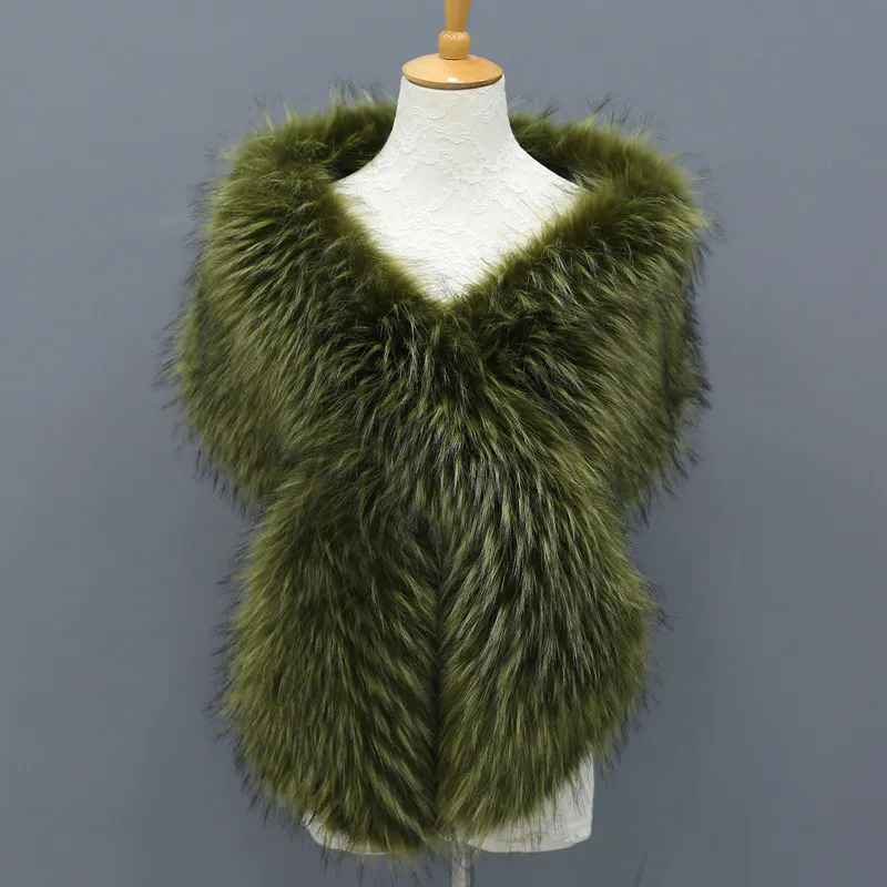army green raccoon Женский широкий меховой шарф Blinger из искусственного меха с воротником из искусственного лисьего меха, шаль из меха енота, зимняя женская мода, большие накидки - Цвет: army green raccoon