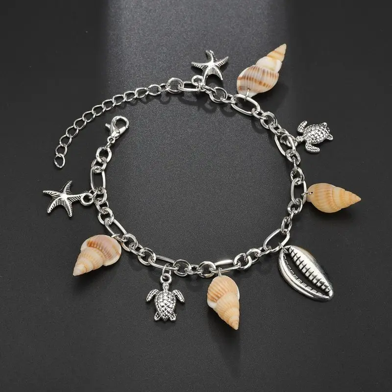 

Retro Metal Shell Starfish Turtle Foot Chain Anklets Female Bohemian Beach Conch Shell Silver Ankle Bracelets on Leg for Women