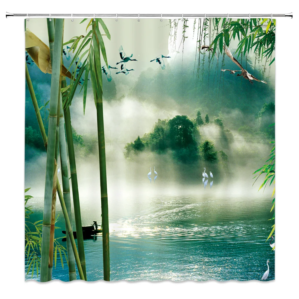 Занавеска для душа в китайском стиле с изображением бамбукового леса и лебедей