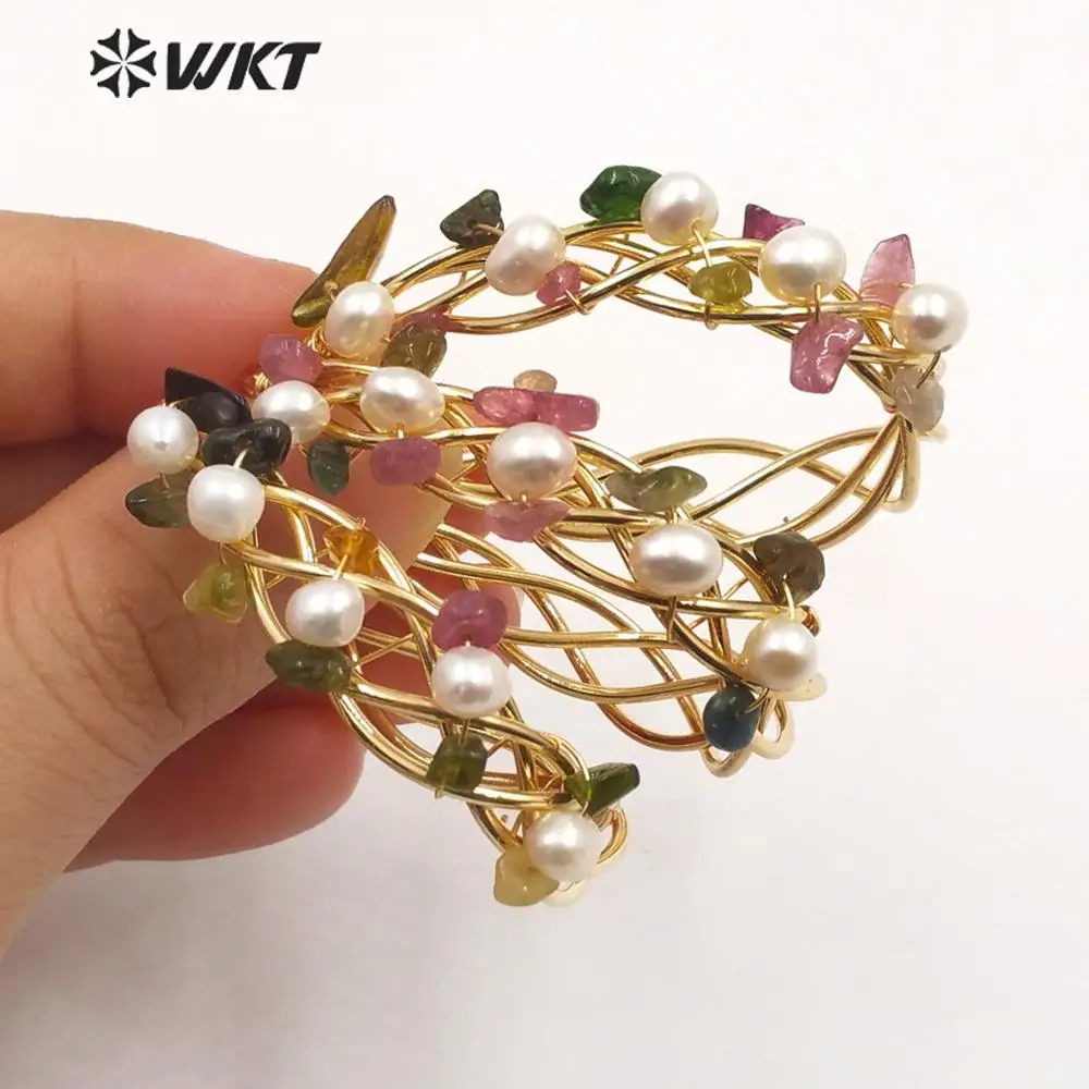 WT-E588 WKT, серьги с натуральным жемчугом, серьги с проволочной оплеткой из жемчуга, серьги с разноцветными Каменными бусинами, модное ювелирное изделие для женщин