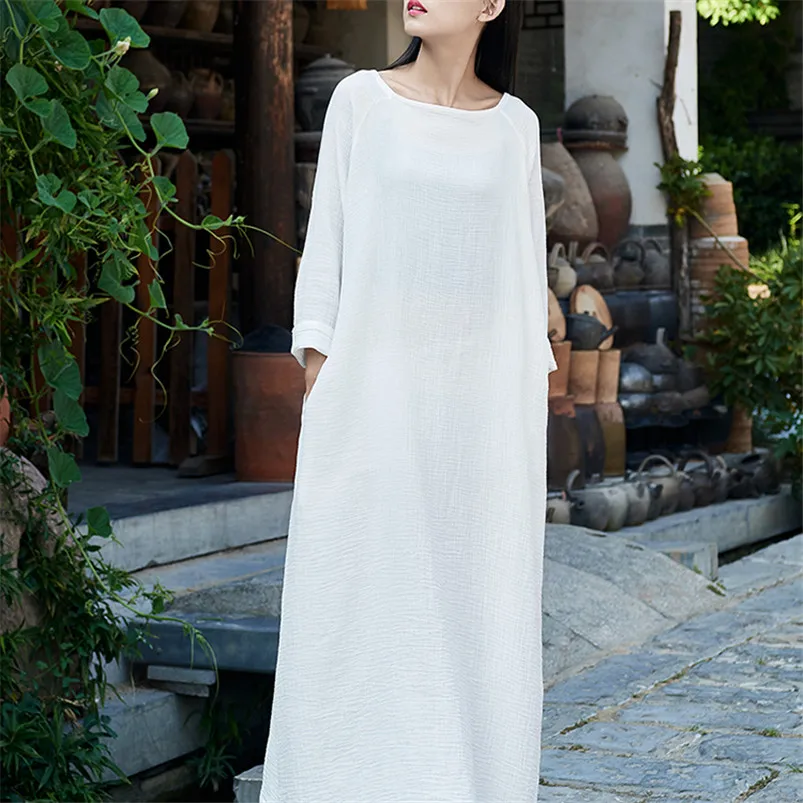 

2021 New Autumn Vintage Solid Women Long Dress Female Cotton Linen Full Sleeve Casual Dress With Pocket Vestidos 12 Colors