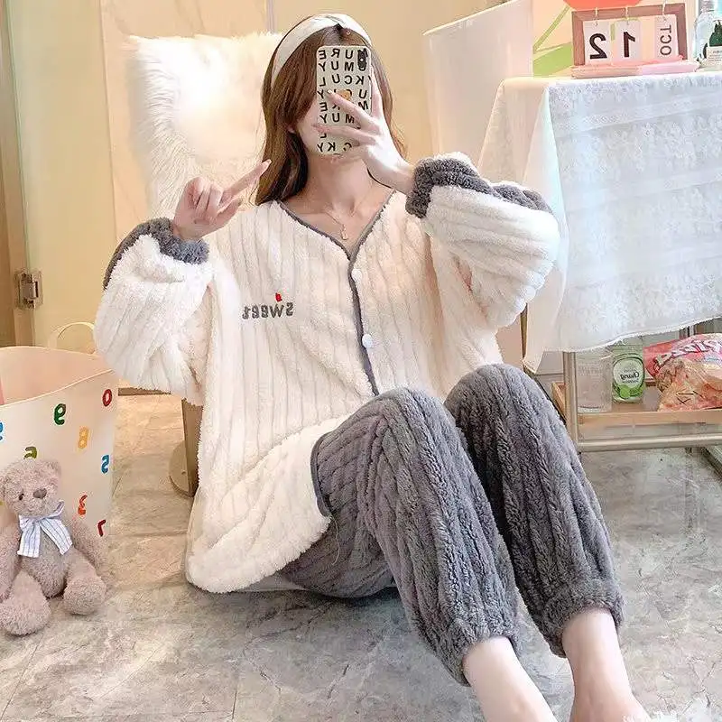 Women Winter Coral Fleece Pajamas Sets Thick Warm Flannel Sleepwear 2-Piece Set V-Neck Female Long Sleeve Trousers Pyjamas