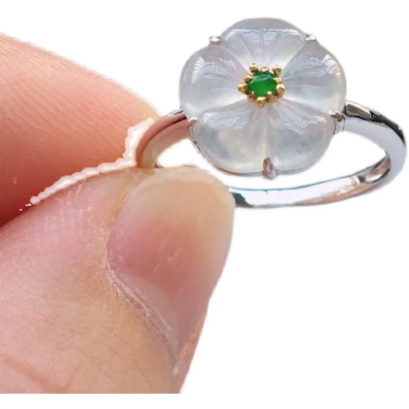 

S925 Sterling Silver Agete Style Ring Female Ice-like Chalcedony Flower Hand Carved Simple Elegant Open Mouth