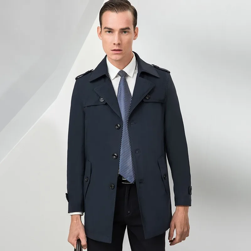 

Spring Autumn New Brand Long Sleeve Single Breasted Lapel Men Solid Medium Length Loose Casual Windproof Male Trench Coats